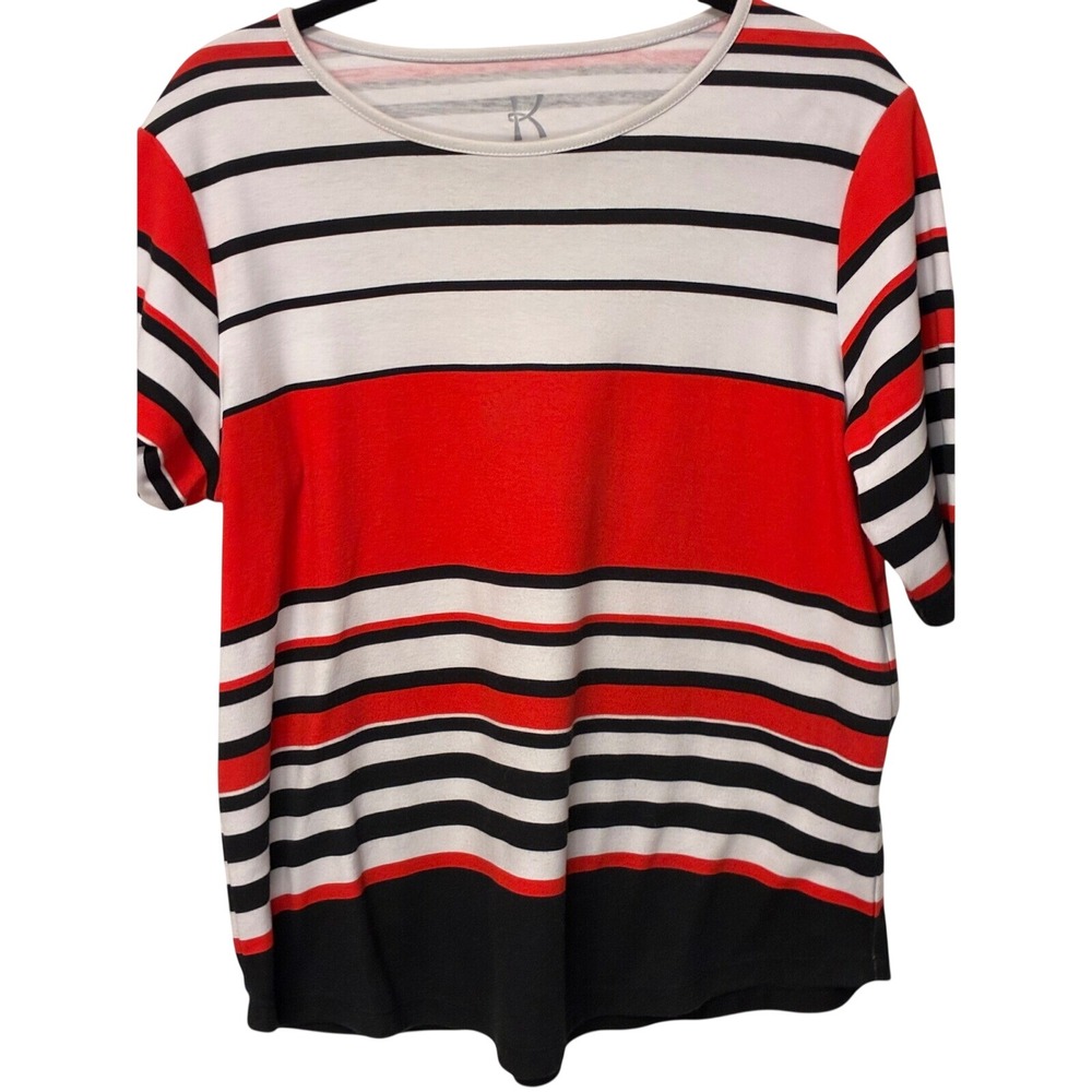 Vintage Koret Red Black White Striped Short Sleeve Crew Neck Top Size Medium
